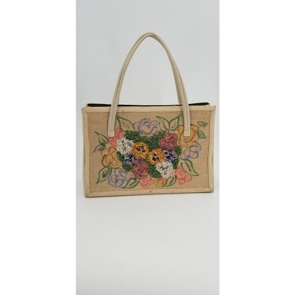 Caron Vintage Houston Texas Hand Bag purse Florals Top handle Beaded  Tapestry - Picture 1 of 10